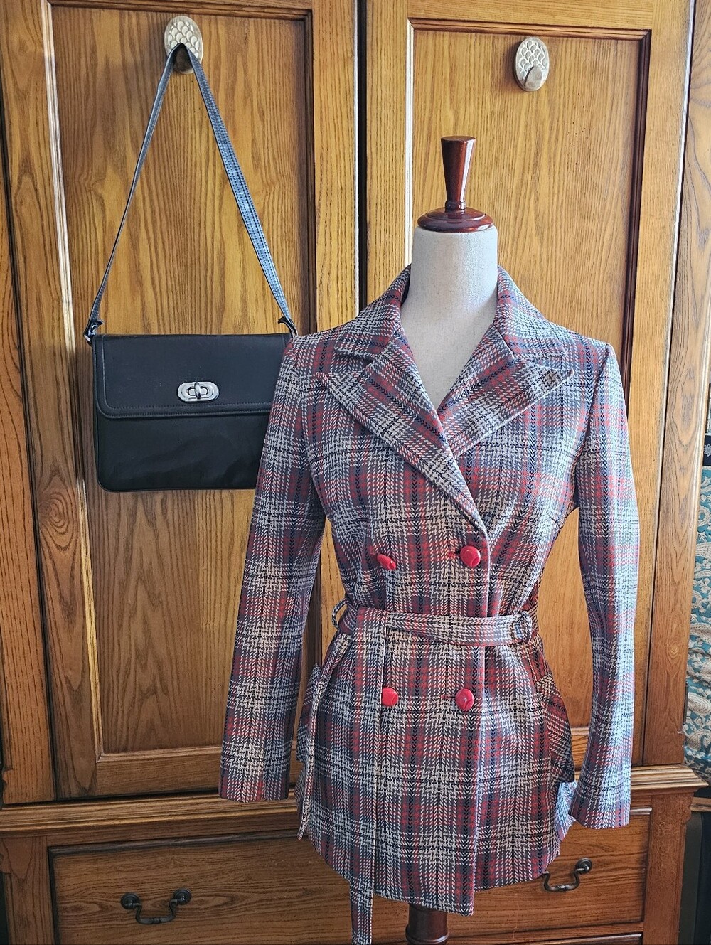 Vintage 70s Plaid Belted Trench Jacket Red Gray Double Breasted Size 12